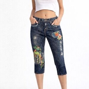 People4Peace Patchwork Grunge Y2K Heavy Denim Capri USA Made Women 26 Dark Wash